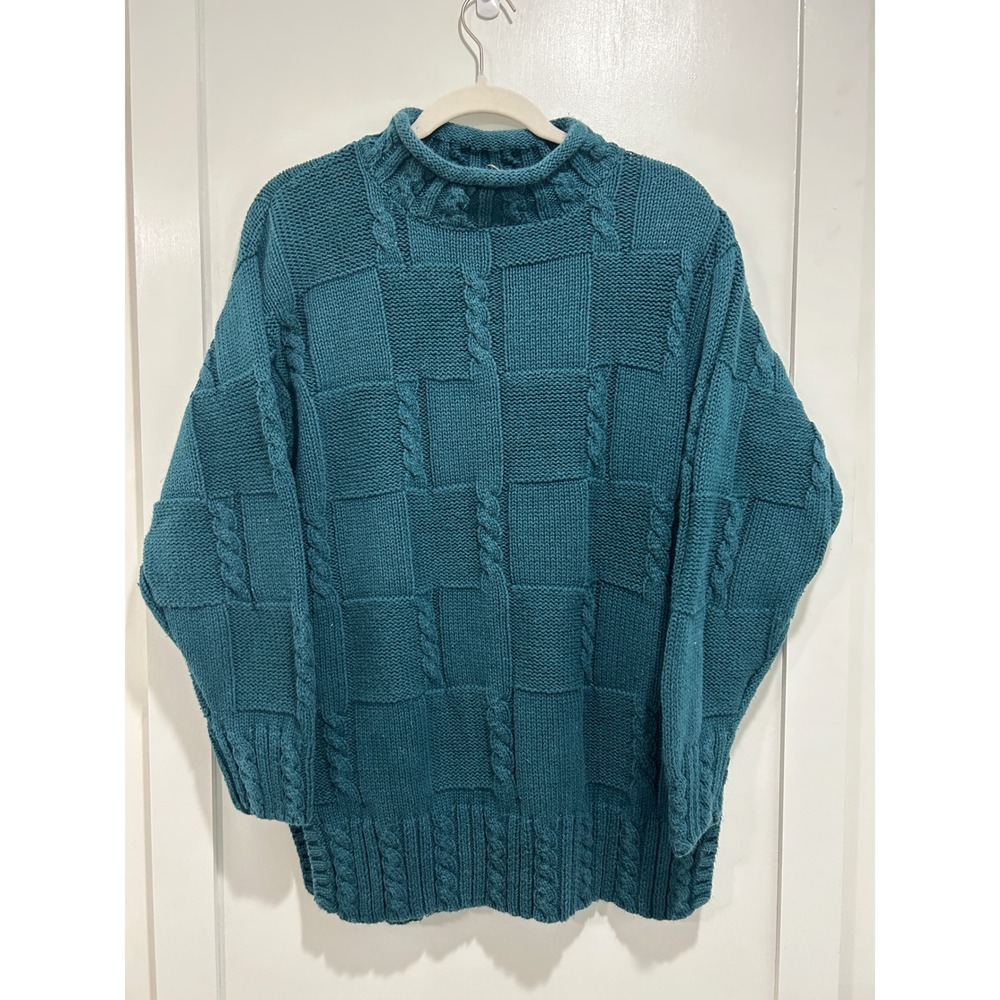 Vintage Yarnworks Teal Cable Knit Patchwork Sweater Ramie Cotton Roll Neck Small